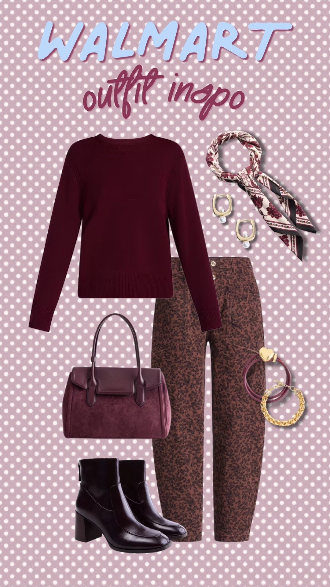 Walmart outfit inspo for a cute fall look. I’m loving the burgundy sweater paired with printed pants and all the pretty accessories to pull it together.

#LTKootd #LTKdayinmylife #LTKgrwm