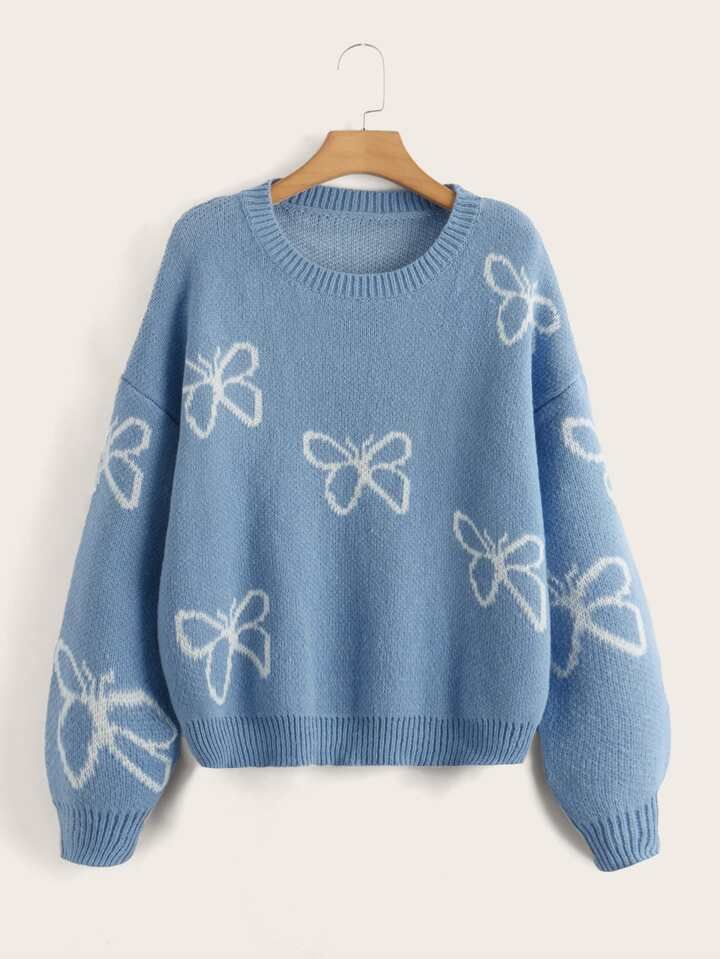 SHEIN Qutie Plus Butterfly Pattern Drop Shoulder Sweater | SHEIN