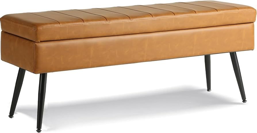 CUYOCA Storage Ottoman Bench, 43.5" Faux Leather Upholstered Entryway Bench, Long Ottoman with Storage for Living Room, Support 660lbs - Cognac Brown | Amazon (US)