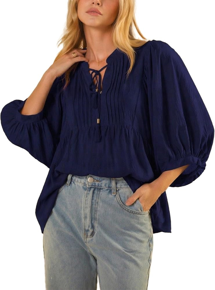 Ynhonra Womens Tie Neck Blouse 3/4 Balloon Sleeve Pintuck Pleated Casual Flowy Top Lightweight Sp... | Amazon (US)