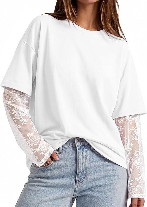 Trendy Queen Womens Lace Long Sleeve Tops Oversized T Shirts 2026 | Amazon (US)