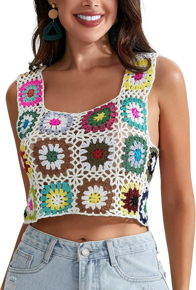 Womens Crochet Tank Top with Tassels Cover Ups Knit Colorful Floral Embroidery Summer Boho Camiso... | Amazon (US)