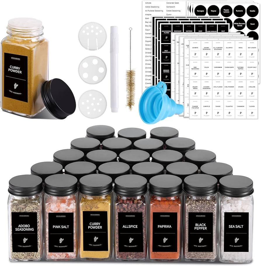 CUCUMI 25pcs Spice Jars with Labels, Glass Spice Jars with Black Metal Caps, 4oz Spice Bottles wi... | Amazon (US)
