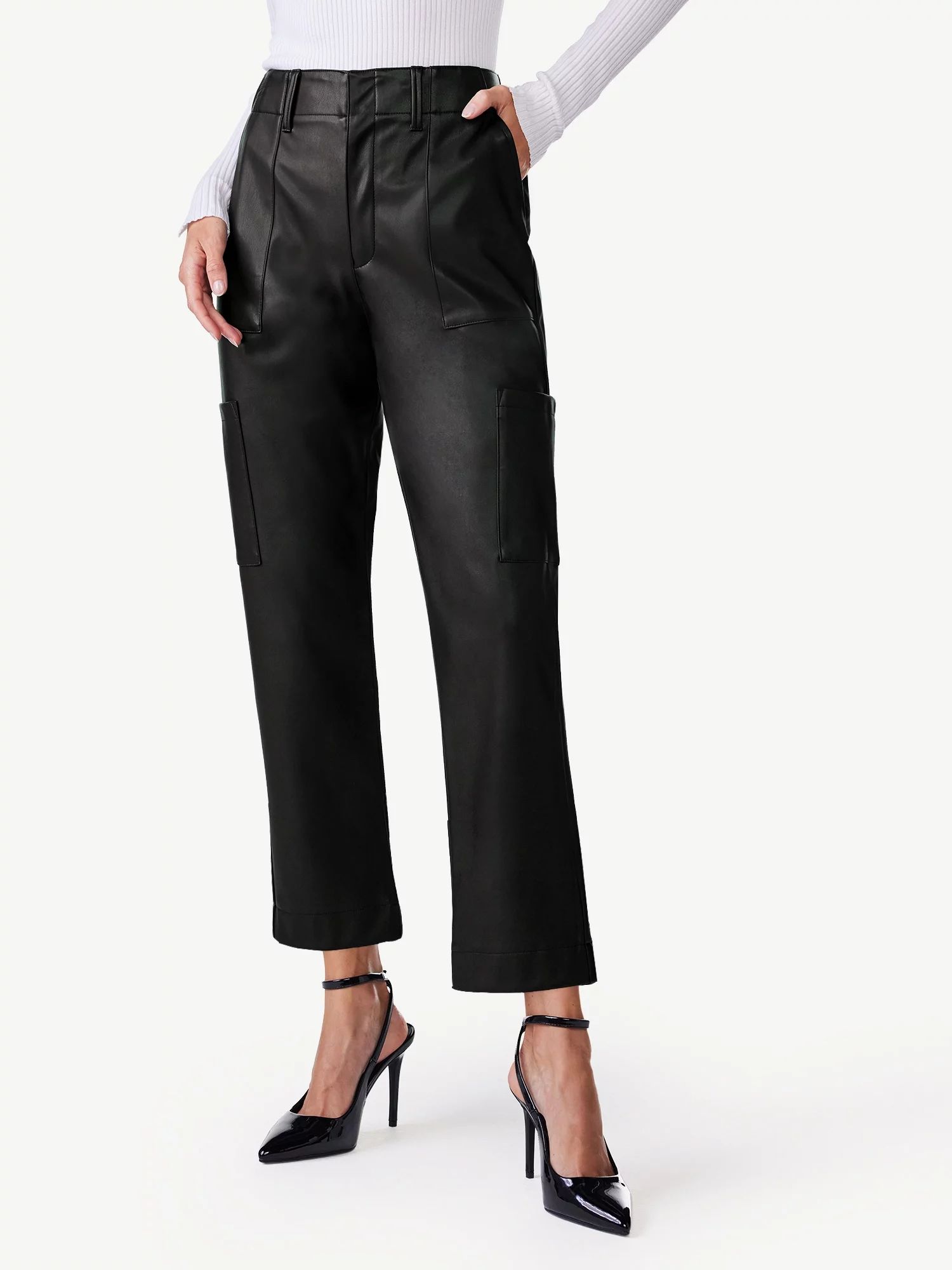 Scoop Women's High Rise Faux Leather Cargo Pants, Sizes 0-18 - Walmart.com | Walmart (US)