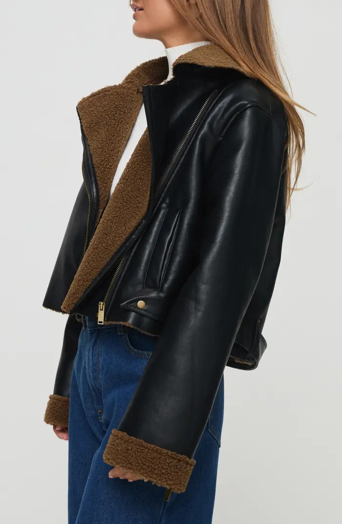 Princess Polly Faux Leather Crop Jacket with Faux Shearling Trim | Nordstrom | Nordstrom