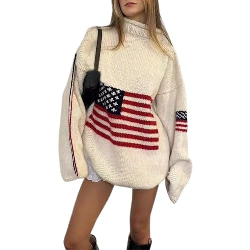 Mxiqqpltky Womens American Flag Sweater Casual Long Sleeve Crew Neck Jumper Top Fashion Pattern Loose Fit Pullover Knitwear(Apricot,Medium) | Amazon (US)
