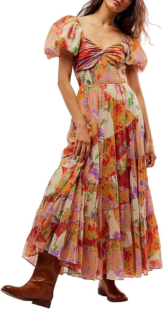 Women Boho Maxi Dresses Short Puff Sleeve Floral Print Long Dress Sweetheart Neck Elastic Tunic W... | Amazon (US)