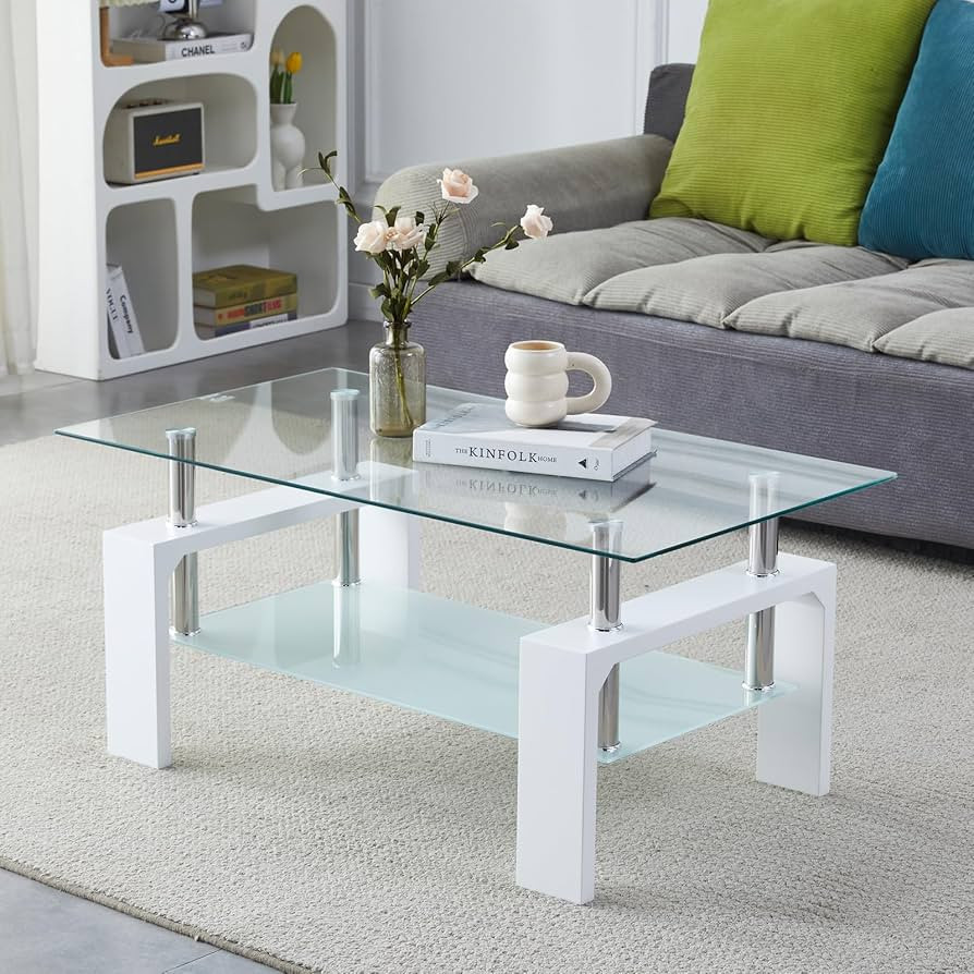 Coffee Table - Rectangle Glass Coffee Table with Simple and Classical Inspired Design, Easy Assembly for Modern Living, 39.5 * 23.5 * 17.5 inches (White) | Amazon (US)
