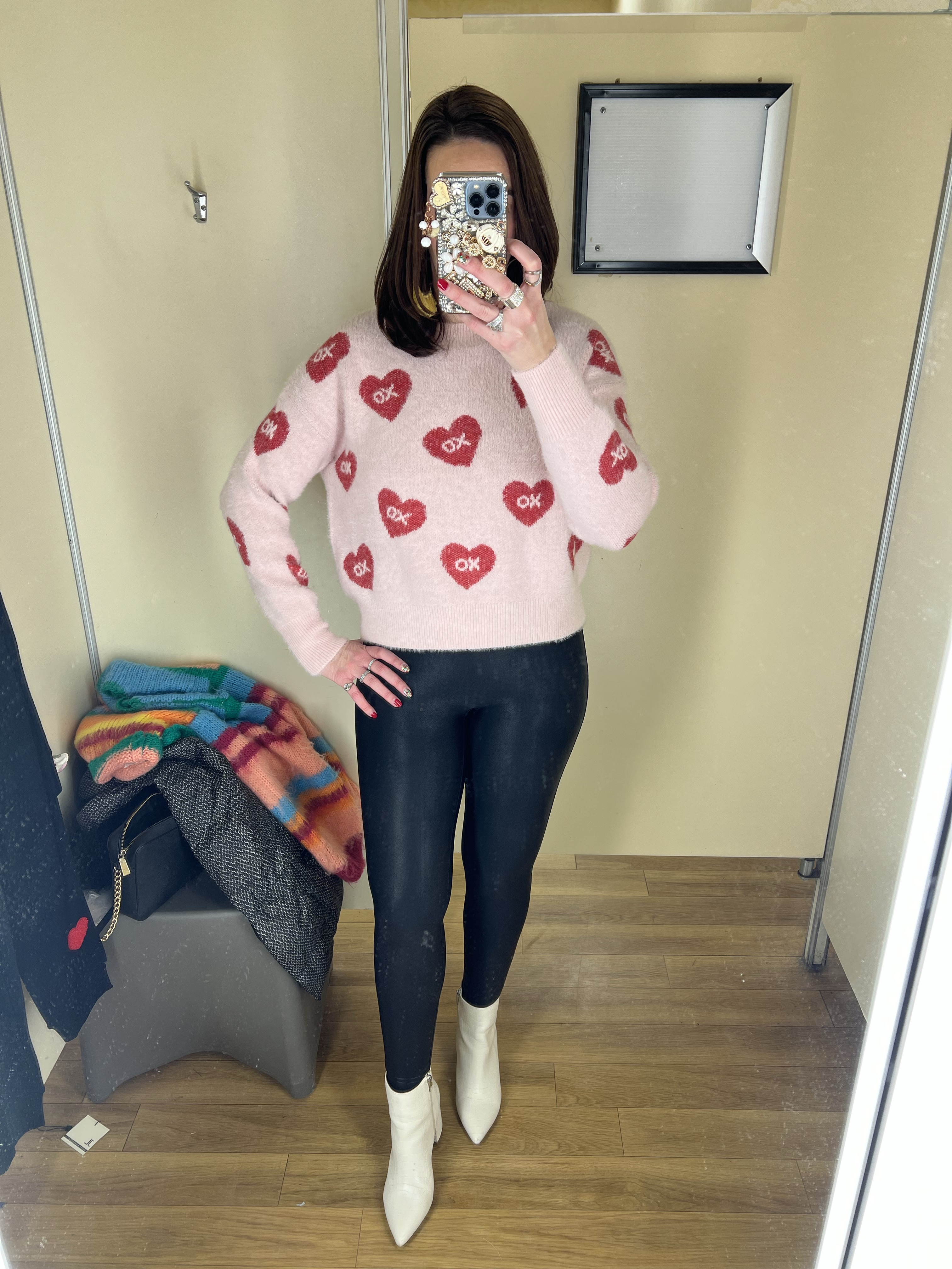 Pink and red fuzzy heart sweater (small). Black faux leather leggings (small). White boots (8.5). #heartsweater #sweater #sweaters #fuzzysweater #pinksweater #heartsweater #leggings #fauxleatherleggings #blackleggings #whiteboots #boots #valentinesdayoutfit #winteroutfit Valentine’s Day Outfit Winter Outfit 

#LTKFindsUnder100 #LTKStyleTip #LTKSeasonal