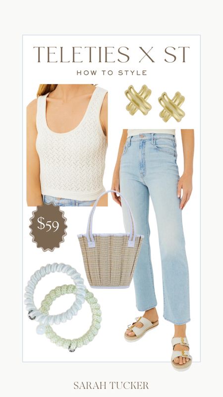 Casual spring outfit. This pretty sweater tank is a Tuckernuck find for only $59! Would look super cute with these Mother denim high-waisted straight leg jeans. Pair with a Lorna Murray tote bag, teleties hair ties, and classic gold stud earrings. 

Mom style, mom outfit, affordable, spring fashion, casual outfit 

#LTKSeasonal #LTKfindsunder50 #LTKfindsunder100