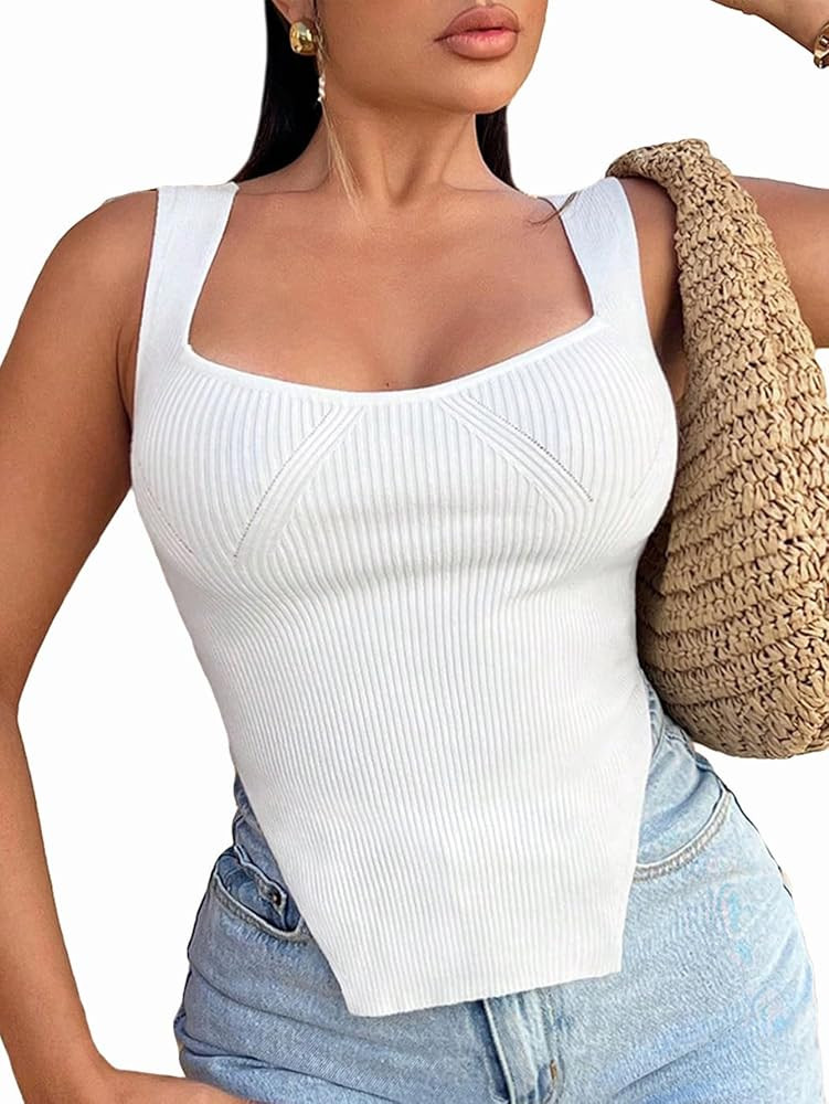 MakeMeChic Women's Ribbed Knit Sleeveless Camisole Square Neck Slim Fitted Asymmetrical Tank Tops | Amazon (US)