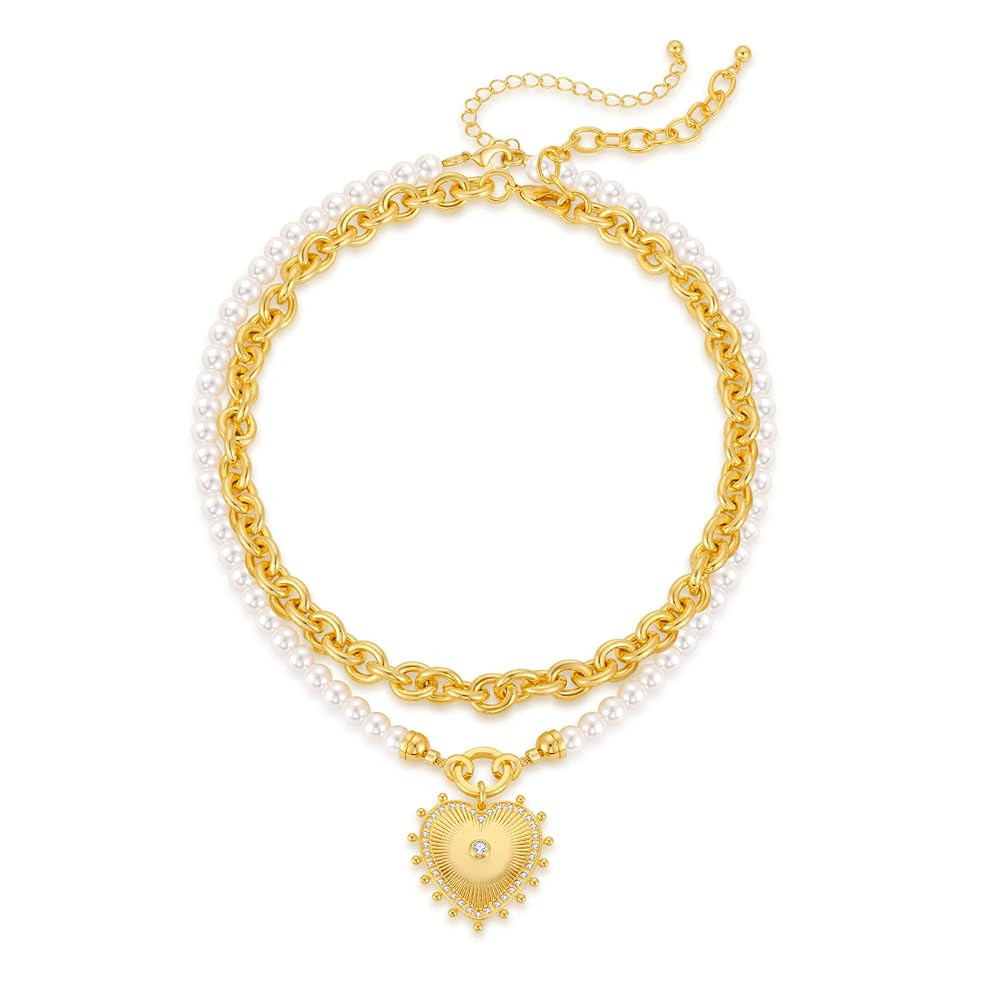 Heart Layered Necklaces for Women Pearl Strand Necklace with Heart Pendant Chunky Gold Chain Neck... | Amazon (US)