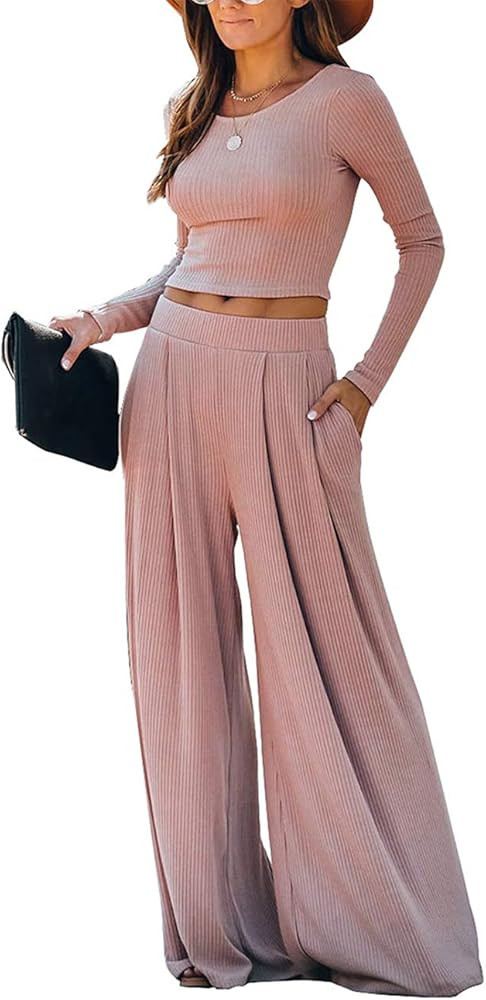 WUSENST Wide Leg Pant Suits for Women Elegant 2 Piece Solid Outfits Long Sleeve Crop Top High Wai... | Amazon (US)