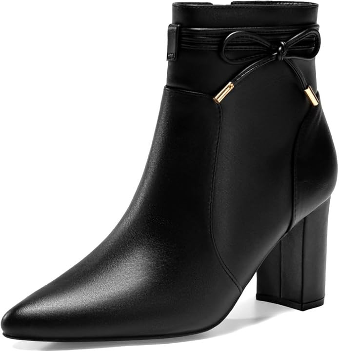 Coutgo Womens Pointed Toe Ankle Boots Chunky Block Heel Tie Knot Side Zipper Dressy Booties | Amazon (US)