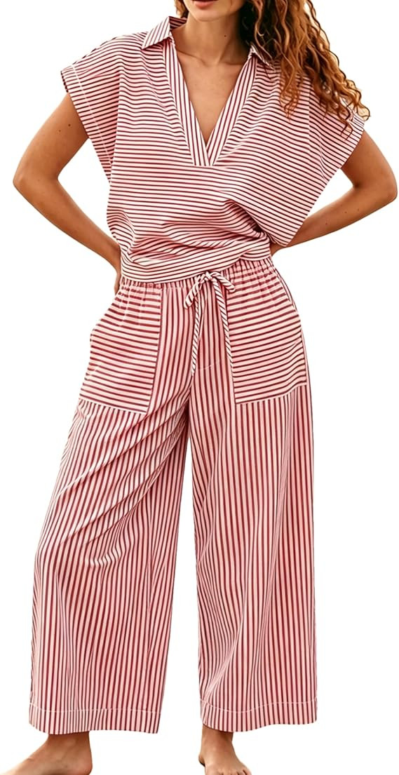 Wanzetaly Women's Summer Striped 2 Piece Outfits Short Sleeve Wide Leg Pants Matching Set with Po... | Amazon (US)
