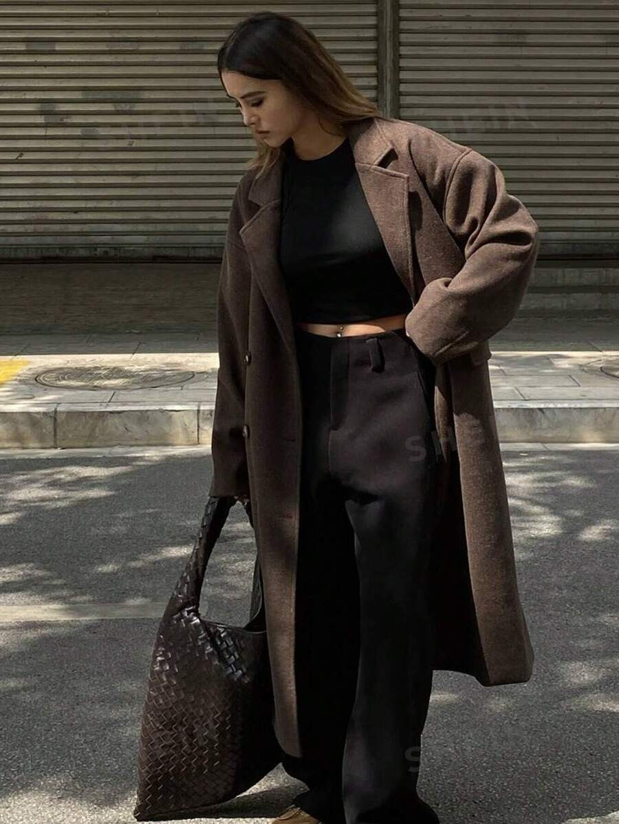 DAZY Women's Solid Color Double-Breasted Lapel Collar Long Sleeve Casual Woolen Coat, Autumn/Wint... | SHEIN