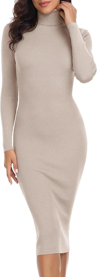 Rocorose Women's Turtleneck Ribbed Elbow Long Sleeve Knit Sweater Dress | Amazon (US)