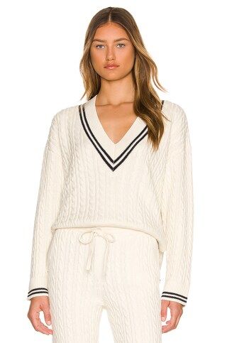 LPA Ciao Cable V Neck Sweater in Ivory & Navy from Revolve.com | Revolve Clothing (Global)