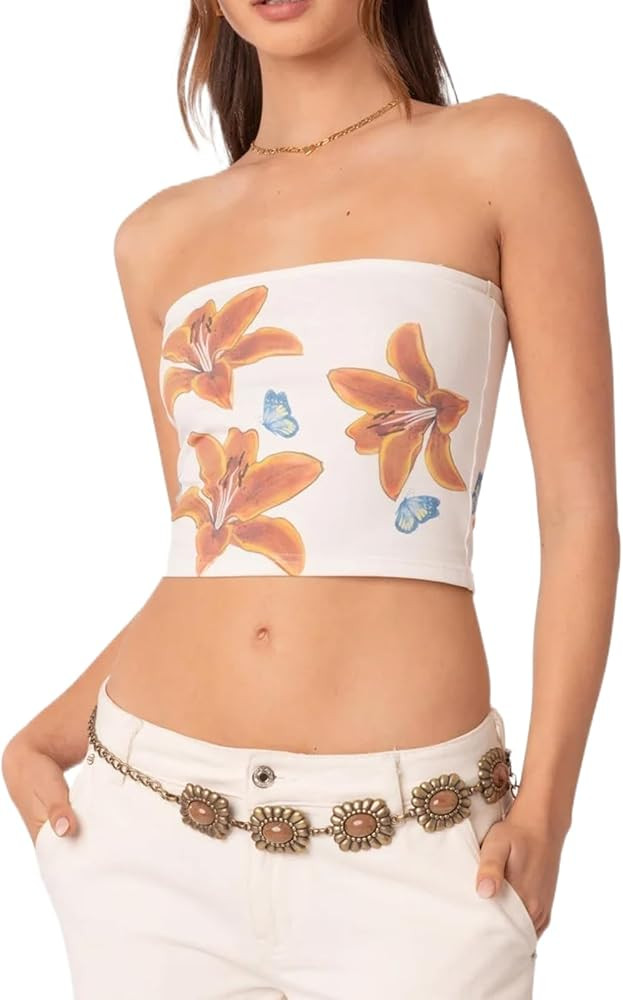 Women Tube Tops Y2k Strapless Floral Sleeveless Backless Slim Fit Crop Tops Cute Bandeau Going Ou... | Amazon (US)