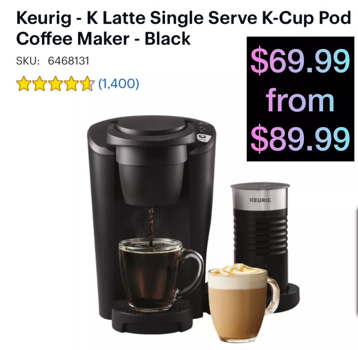 KEURIG K-Latte Single Serve Coffee and Latte Maker with Milk Frother Black  (New)