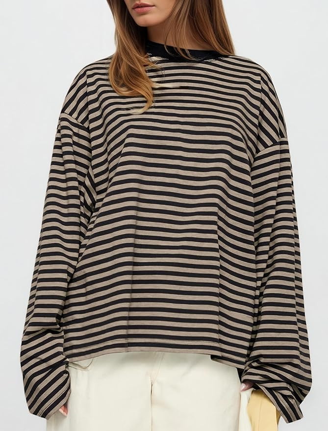 IWD Womens Striped Long Sleeve Shirts Y2k Oversized Drop Shoulder Sweatshirt Crewneck Color Block... | Amazon (US)