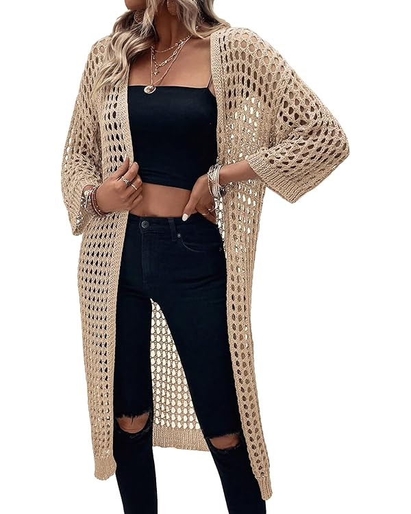 Verdusa Women's Hollow Out 3/4 Sleeve Open Front Knit Cardigan Long Kimono | Amazon (US)