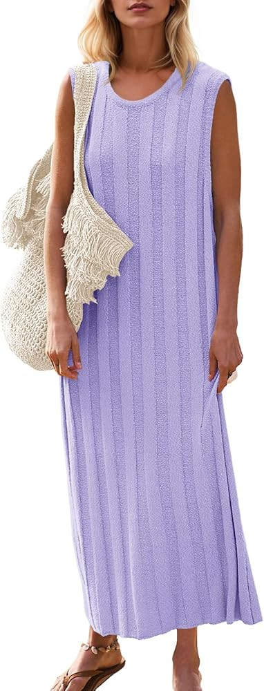 Fisoew Women's Summer Sleeveless Maxi Dress Scoop Neck Ribbed Knit Tank Top Dresses | Amazon (US)