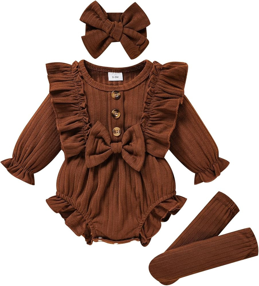 GRNSHTS Newborn Baby Girl Clothes Ruffle Solid Sweater Long Sleeve Romper+Hairband+Socks 3Pcs Fal... | Amazon (US)