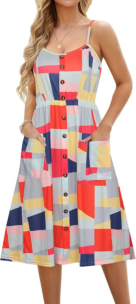 Summer Casual Dresses for Women with Pockets Beach Floral Spaghetti Strap Swing Dress | Amazon (US)