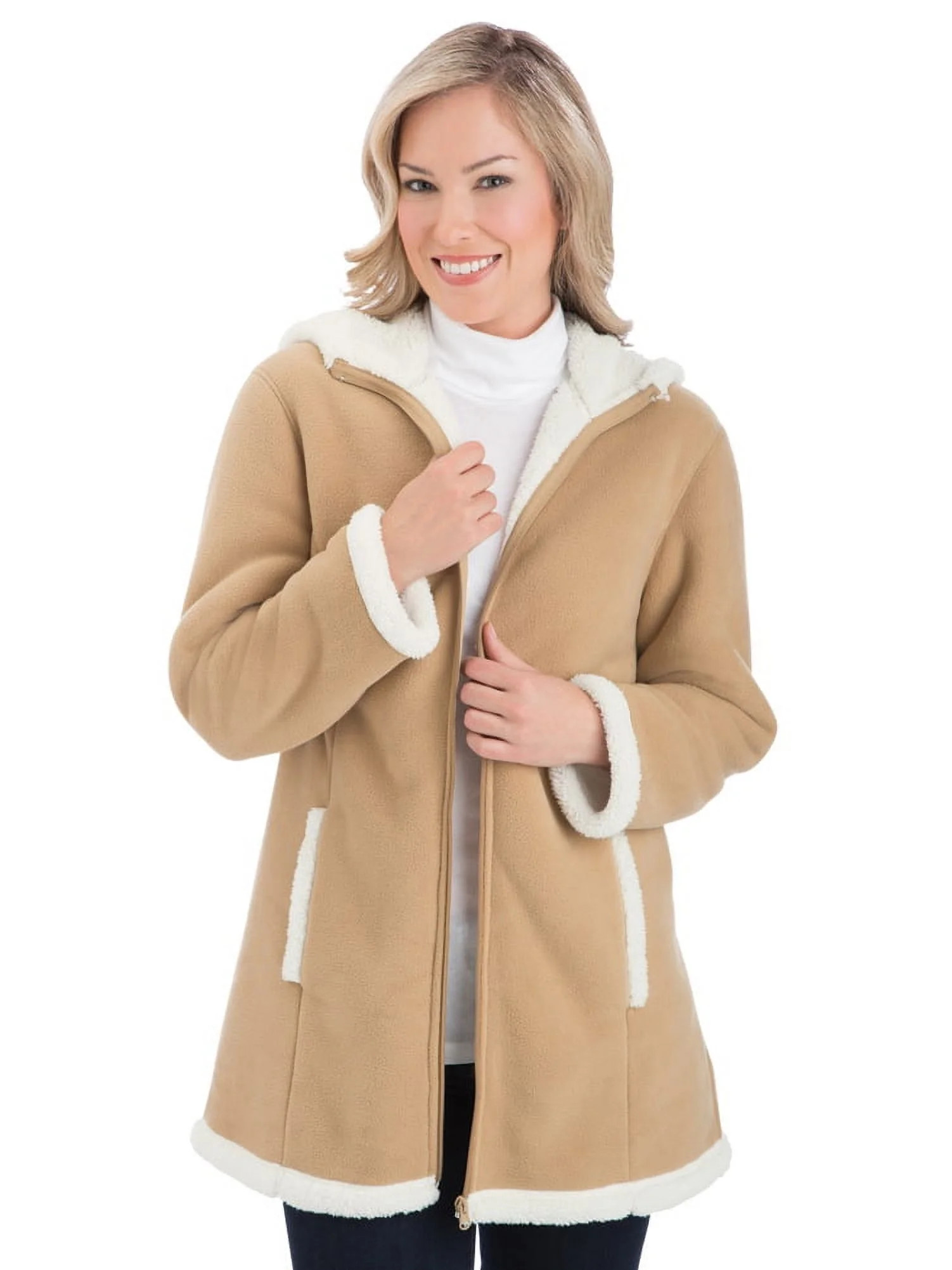 Collections Etc Women's Women's Polar Fleece Coat with Sherpa Lined Hood Beige Large | Walmart (US)