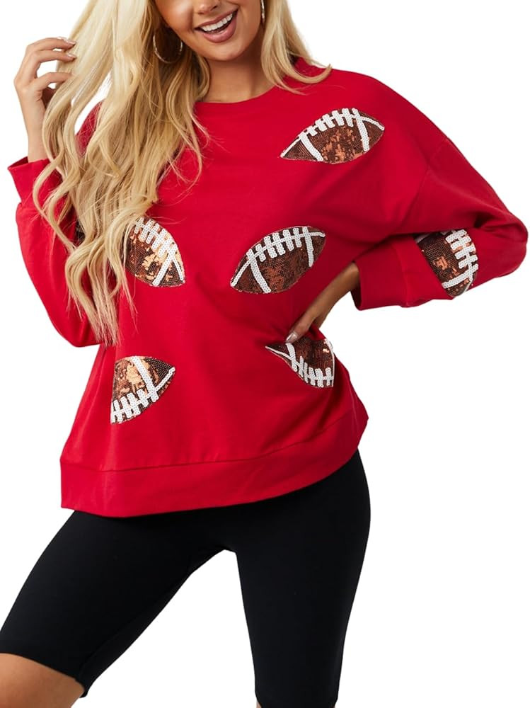 Womens Sparkle Football Sequin Rugby Sweatshirt Game Day Y2K Crewneck Oversized Shirt Long Sleeve... | Amazon (US)