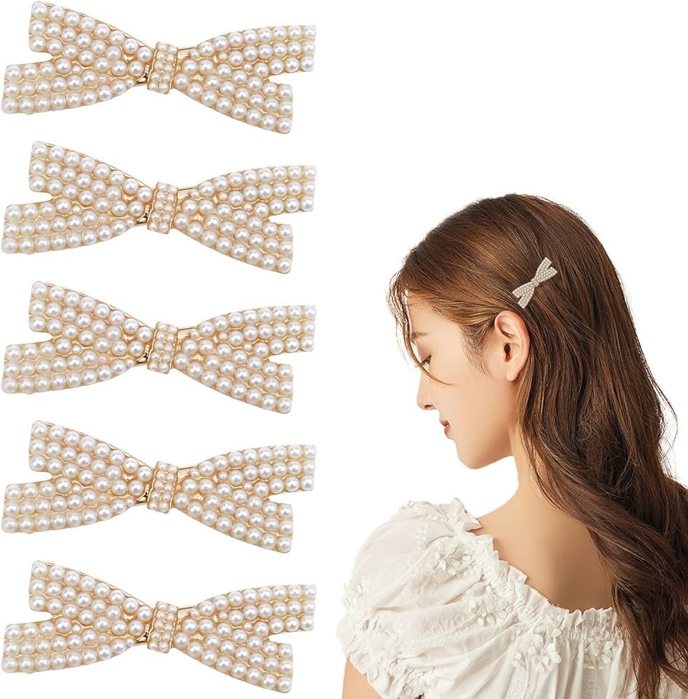 5 Pcs Pearl Bow Hair Clips Duckbill Hair Claw Clips Gold Metal Hair Clip Elegant Cute Hair Pins H... | Amazon (US)