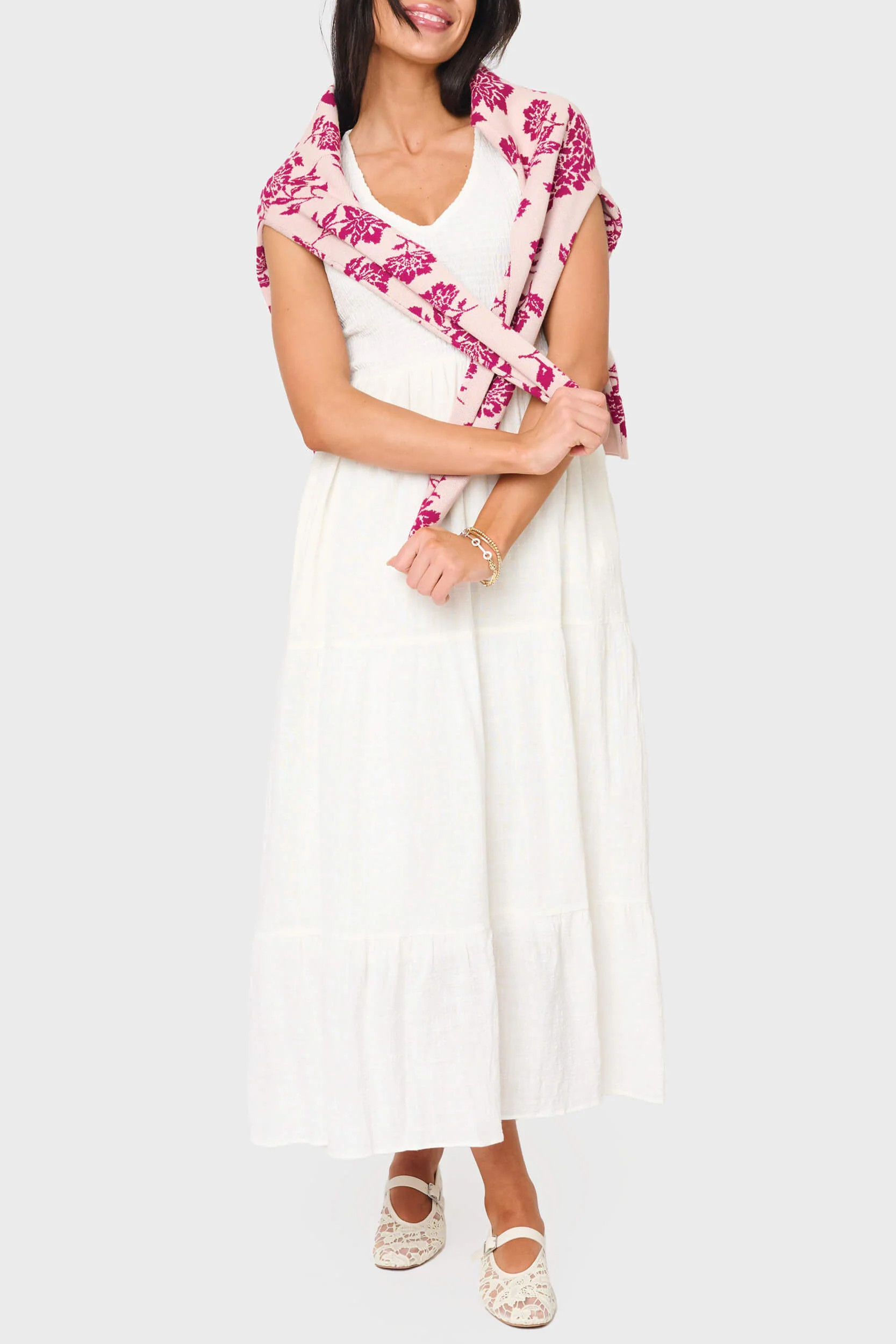 Flutter Sleeve Smocked V-Neck Tiered Maxi Dress | Gibsonlook