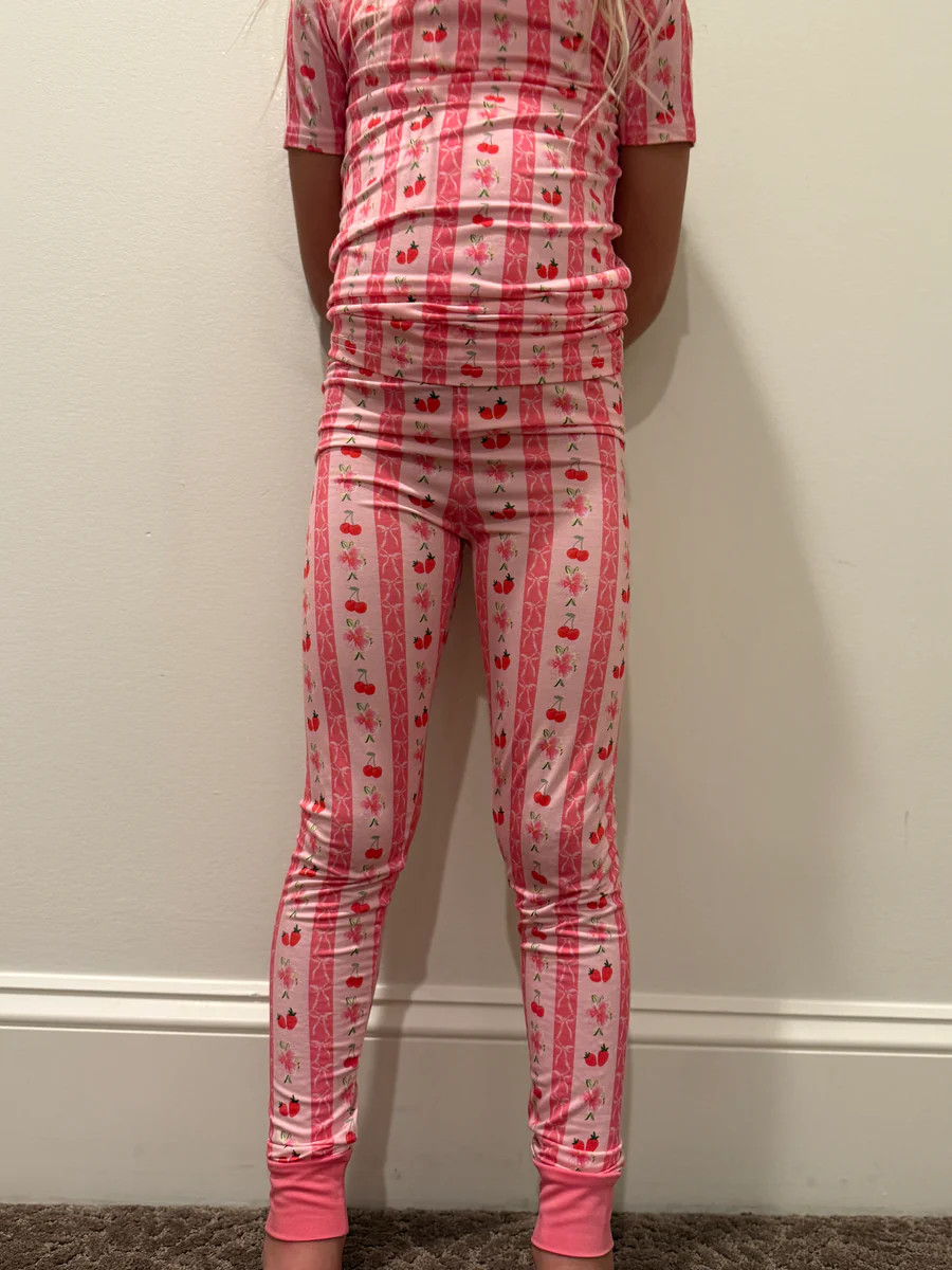 Kids Pink Strawberry & Cherry Bows Pajama Pants | Sunset Snuggles
