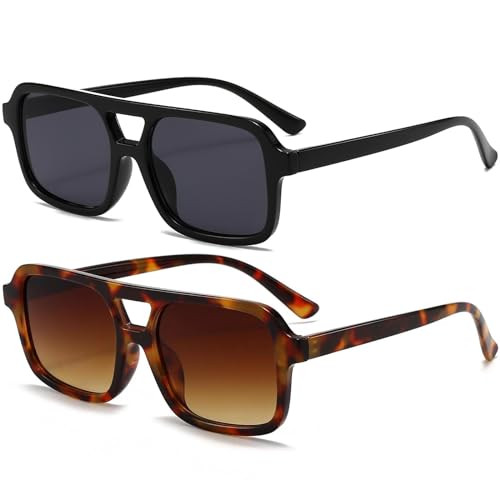AIEYEZO Retro Square Sunglasses for Women Men Trendy Rectangle Aviator Sun Glasses Vintage 70s Shades (Black/Grey + Tortoise/Brown Gradient) | Amazon (US)