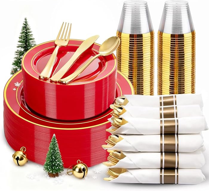 175 Pieces Red Plastic Plates with Gold Rim Include Dinner Plate 10”, Dessert Plate 7”, gold ... | Amazon (US)