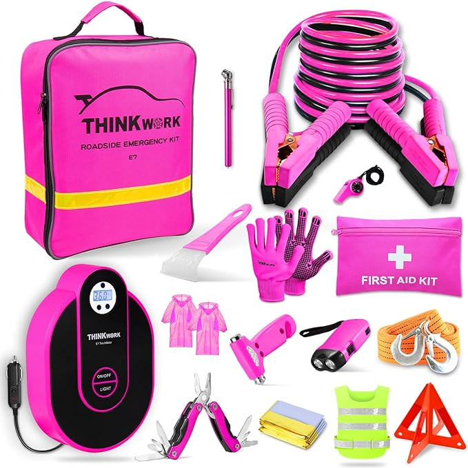 THINKWORK Car Emergency Kit for Teen Girl and Lady's Gifts, Pink Emergency Roadside Assistance ki... | Amazon (US)