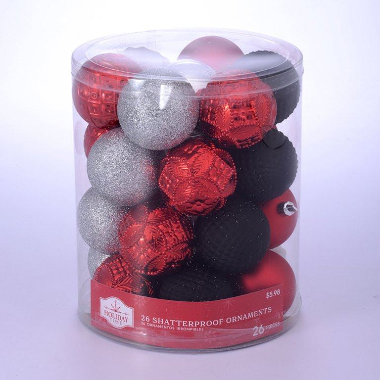 Holiday Time Red/Silver/White/Black Christmas Shatterproof Ornaments, 26 Count - Walmart.com | Walmart (US)