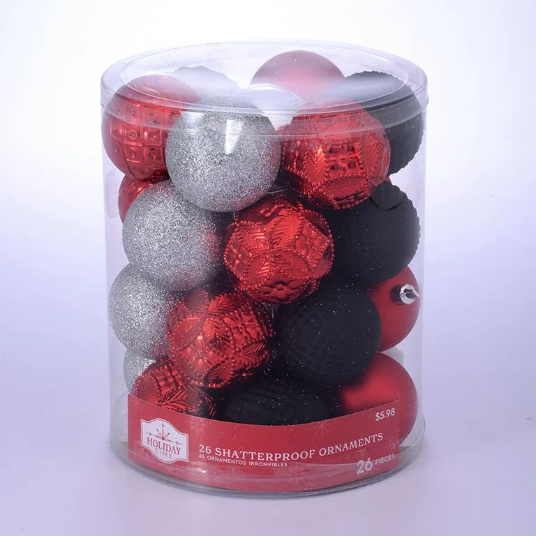 Holiday Time Red/Silver/White/Black Christmas Shatterproof Ornaments, 26 Count - Walmart.com | Walmart (US)
