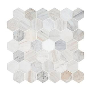 Angora 2 in. Hexagon 12 in. x 12 in. x 0.38 in. Honed Marble Mesh-Mounted Mosaic Floor and Wall T... | The Home Depot