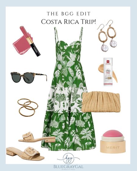 What to wear to Costa Rica! If you need a summer vacation sundress this green and white summer midi dress is perfect. Pair with rattan sandals, a rattan clutch and gold and pearl earrings. Add in my favorite pink cream blush, tinted sunscreen and some tortoise shell sunglasses! 

#LTKtravel #LTKitbag #LTKshoecrush