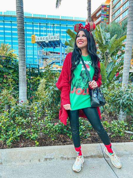 My Christmas Outfit for our Disneyland trip! It’s cozy chic with an oversized T-shirt and faux pleather leggings! I went for the Darth Vader vibes! I’m also IN LOVE with this years Christmas Minnie Ears! #ChristmasOutfit #DisneyOutfit #DisneyStyle 

#LTKstyletip #LTKSeasonal #LTKHoliday