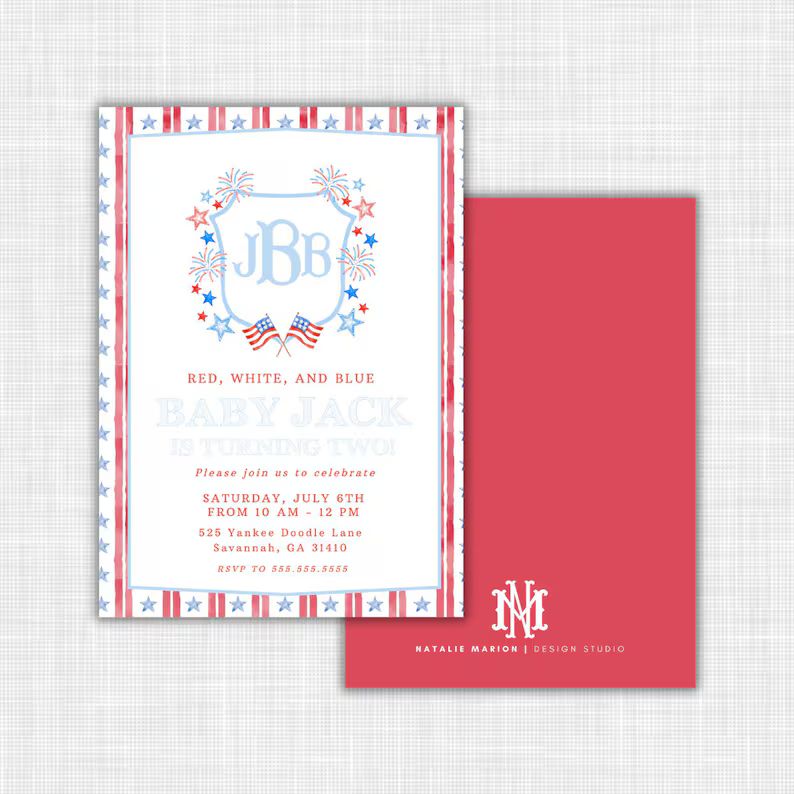 Watercolor Red White and Blue Birthday Invitation With Flag Crest 4th of July Invitation Red Whit... | Etsy (US)