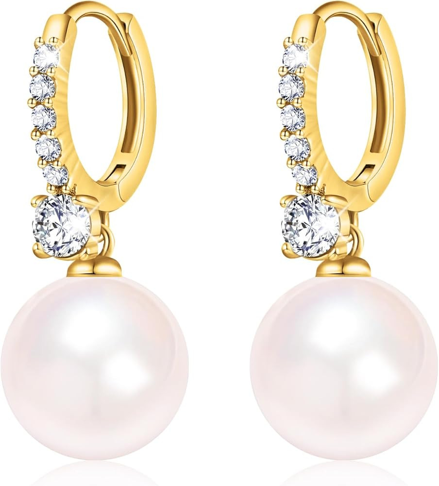 Pearl Earrings for Women 14K Gold Plated Hypoallergenic Pearl Earrings 5A Cubic Zirconia Dangle E... | Amazon (US)
