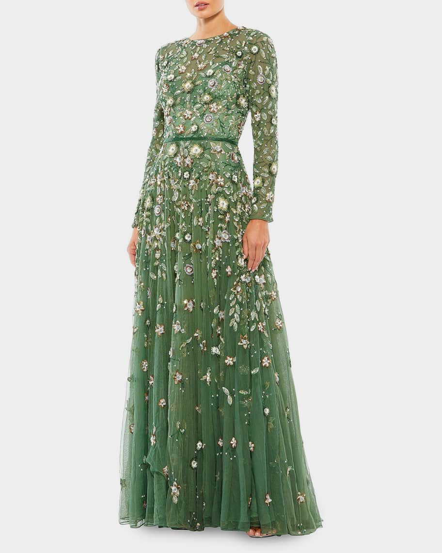 Mac Duggal Sequin Floral Applique A-Line Gown | Neiman Marcus