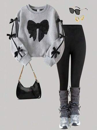 2pcs Girls Korean Style Casual Gray Sweatshirt With Ribbon Bow & Skinny Pants Set | SHEIN
