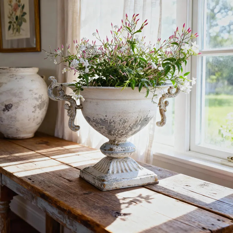Vintage French Urn Planter – Distressed Double Handle Pedestal Vase for Farmhouse & Cottage Gar... | Etsy (US)