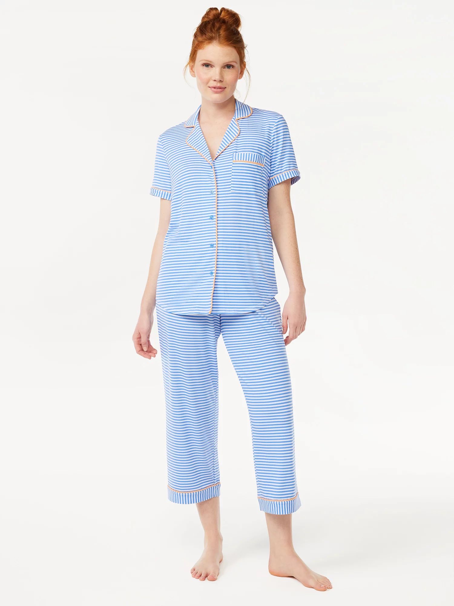 Joyspun Women's Knit Notch Collar Top and Capris Sleep Set, 2-Piece, Sizes S to 5X | Walmart (US)