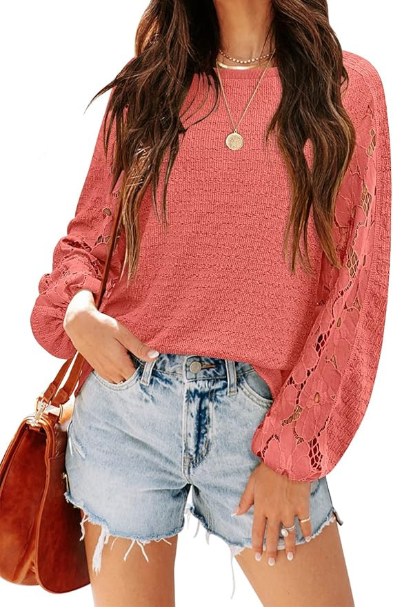 MIHOLL Women's Long Sleeve Shirt Lace Crewneck Casual Loose Fit Tops Blouse | Amazon (US)