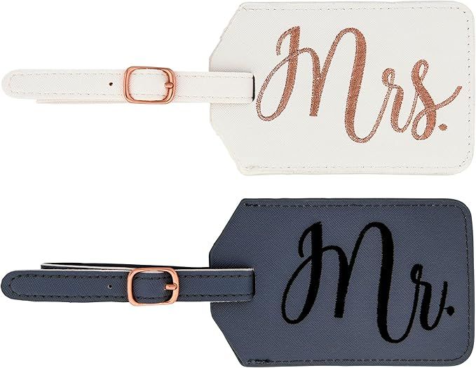Miamica Women's Mrs. & Mr. Luggage Tags with Sturdy Buckle Straps, 6.85" x 3", White & Gray, 2-Pa... | Amazon (US)